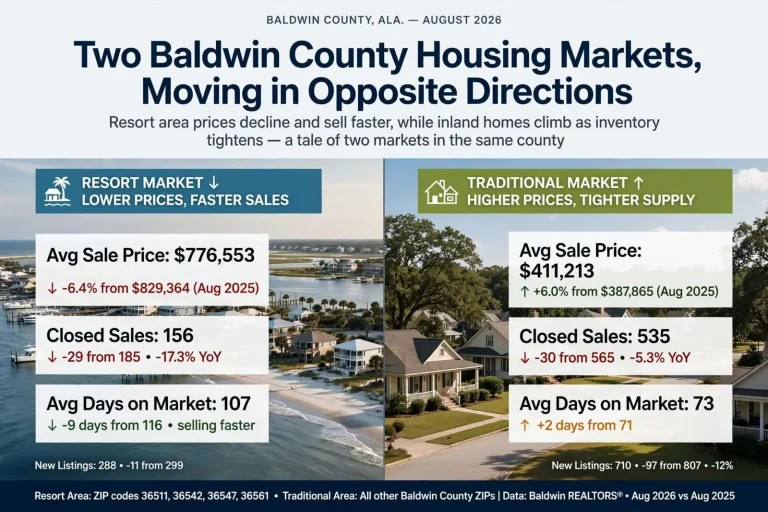 Illustration for the news story: Two Baldwin County Housing Markets, Moving in Opposite Directions