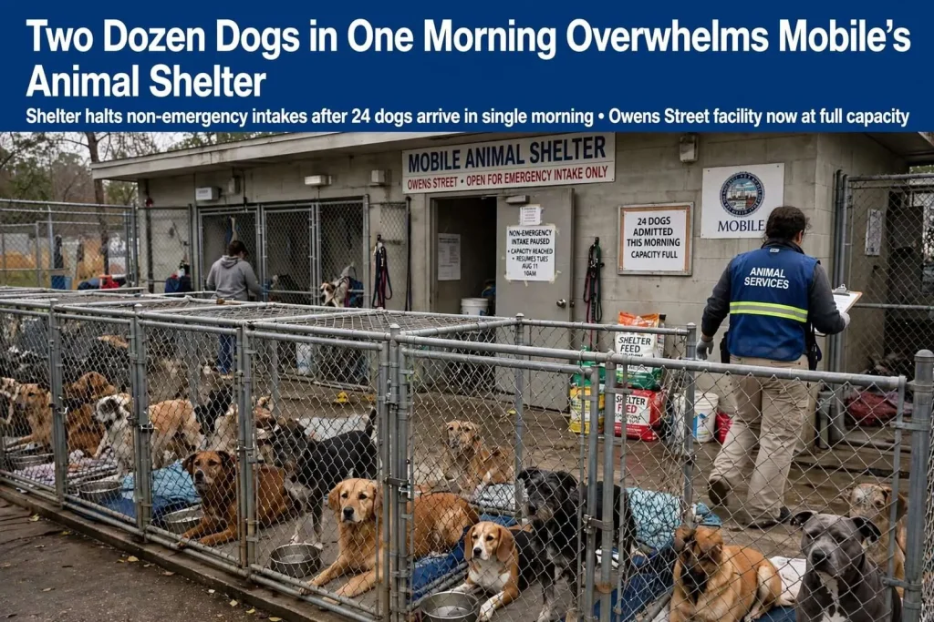 Illustration for the news story: Two Dozen Dogs in One Morning Overwhelms Mobile’s Animal Shelter