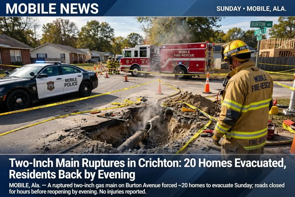 Illustration for the news story: Two-Inch Main Ruptures in Crichton: 20 Homes Evacuated, Residents Back by Evening