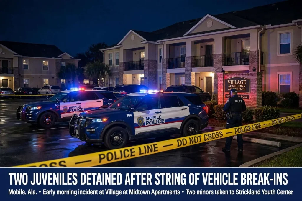 Illustration for the news story: Two juveniles detained after string of vehicle break-ins at Mobile’s Village at Midtown Apartments