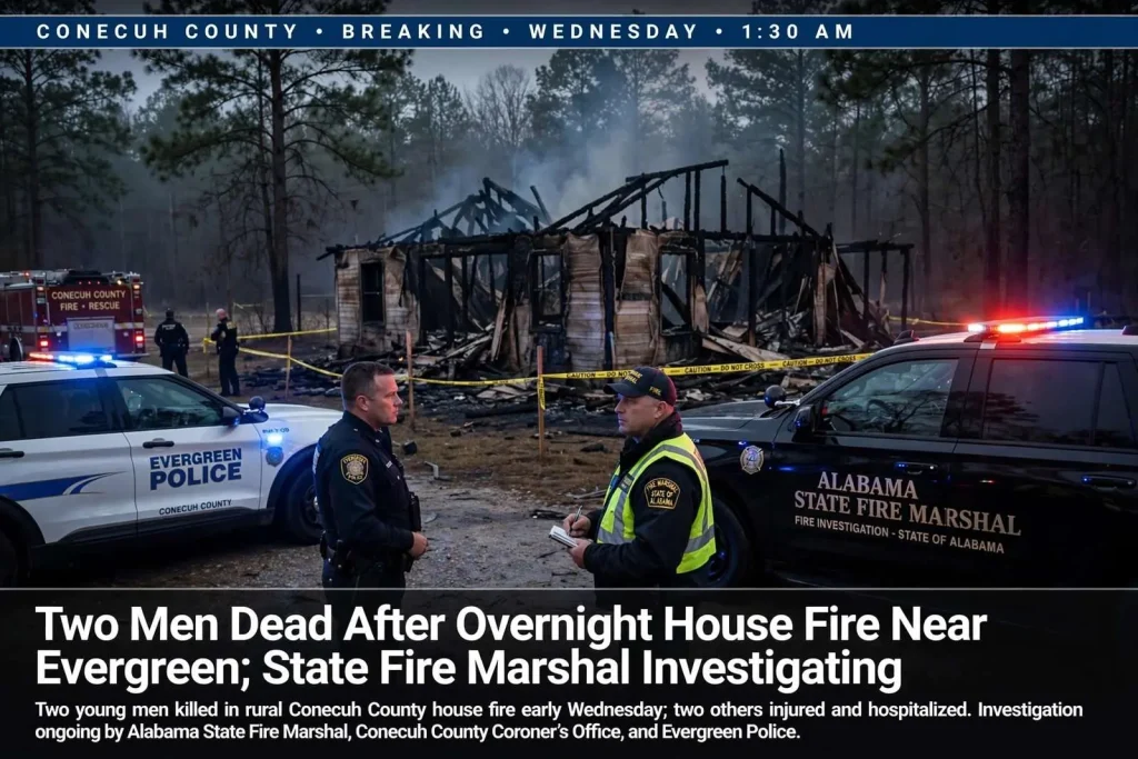 Illustration for the news story: Two Men Dead After Overnight House Fire Near Evergreen; State Fire Marshal Investigating