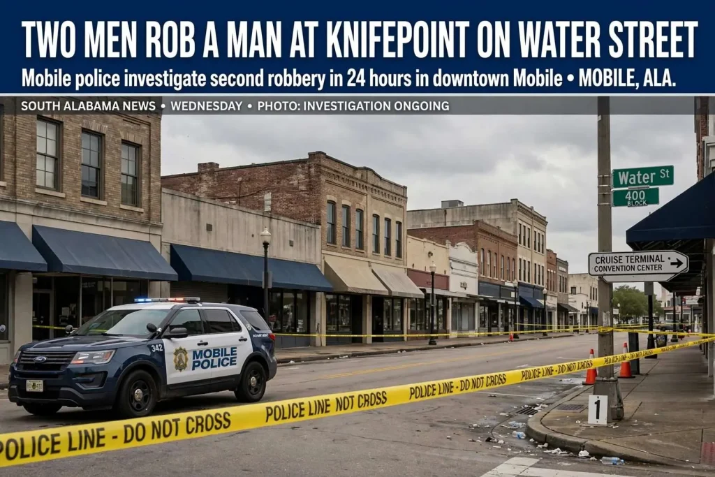 Illustration for the news story: Two Men Rob a Man at Knifepoint on Water Street as Mobile Police Work a Second Robbery the Same Day