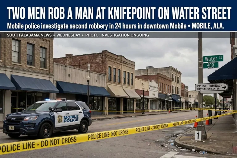Illustration for the news story: Two Men Rob a Man at Knifepoint on Water Street as Mobile Police Work a Second Robbery the Same Day