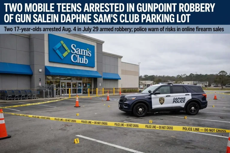 Illustration for the news story: Two Mobile Teens Arrested in Gunpoint Robbery of Gun Sale in Daphne Sam’s Club Parking Lot