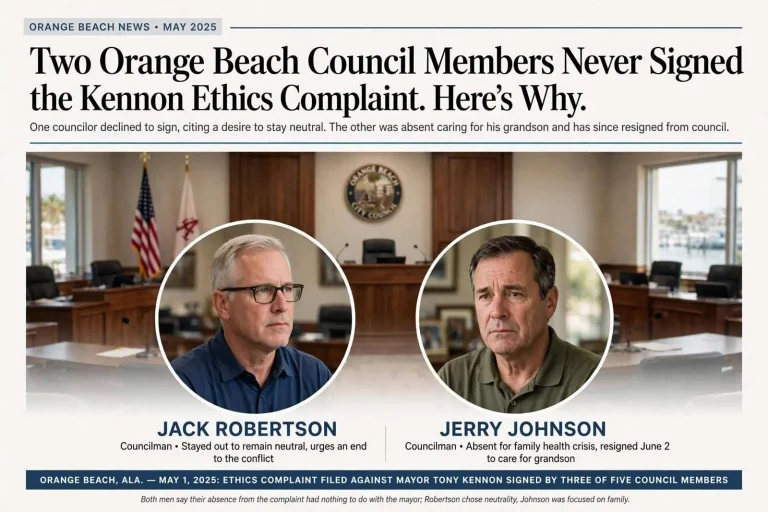 Illustration for the news story: Two Orange Beach Council Members Never Signed the Kennon Ethics Complaint. Here’s Why.