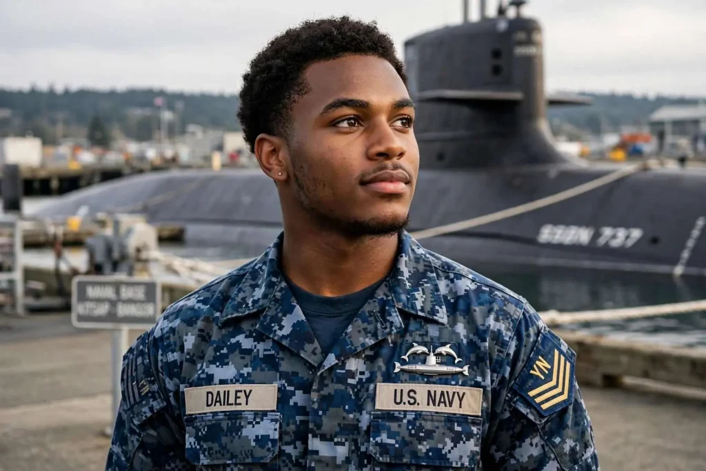 Illustration for the news story: ‘Everyone Around Me Was Going to College. That Wasn’t Really My Thing.’ An Atmore Sailor’s Path to a Submarine