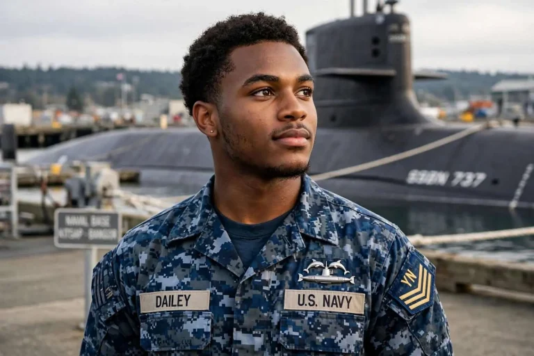 Illustration for the news story: ‘Everyone Around Me Was Going to College. That Wasn’t Really My Thing.’ An Atmore Sailor’s Path to a Submarine