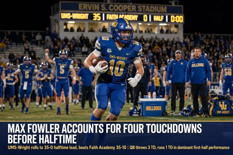 Illustration for the news story: Max Fowler Accounts for Four Touchdowns Before Halftime in UMS-Wright’s 35-10 Win Over Faith Academy