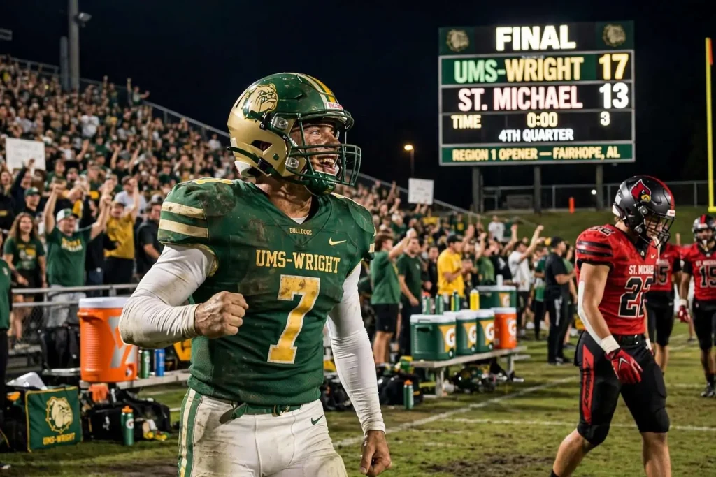 Illustration for the news story: UMS-Wright Holds Off St. Michael 17-13 Behind Two Long Scores in Region Opener