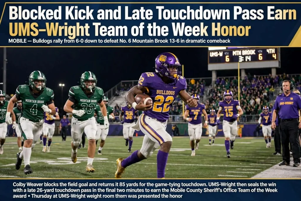 Illustration for the news story: Blocked Kick and Late Touchdown Pass Earn UMS-Wright Team of the Week Honor