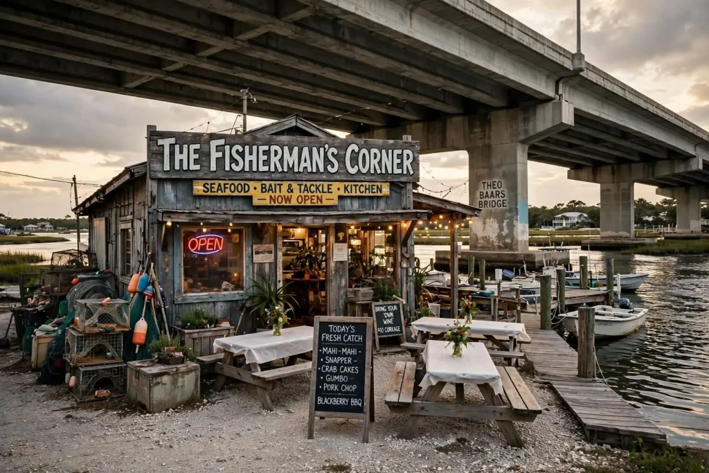 Illustration for the news story: Under the Bridge: The Fisherman’s Corner Turns an Old Bait Shop Into a Perdido Key Gem