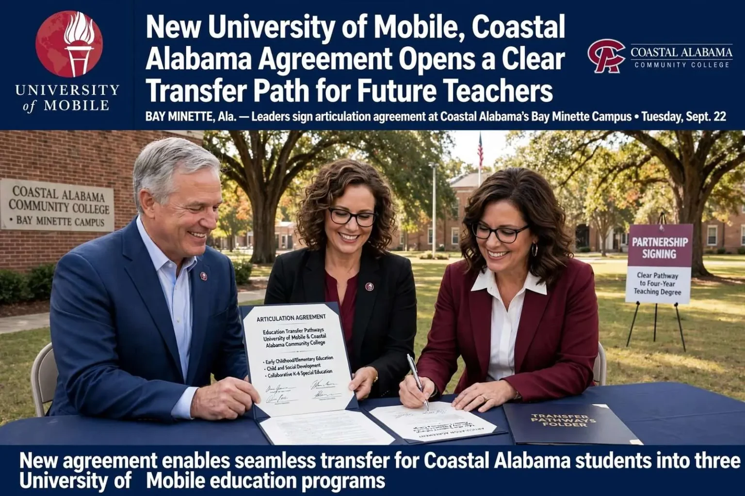 Illustration for the news story: New University of Mobile, Coastal Alabama Agreement Opens a Clear Transfer Path for Future Teachers
