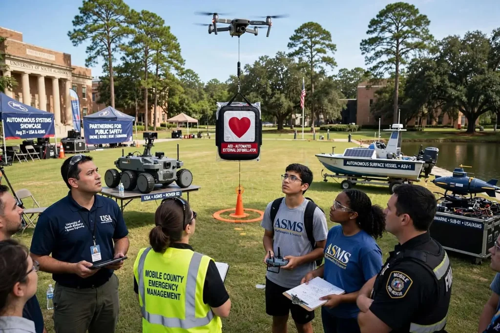 Illustration for the news story: University of South Alabama and ASMS students showcase drone, rover, boat and submarine research for first responders
