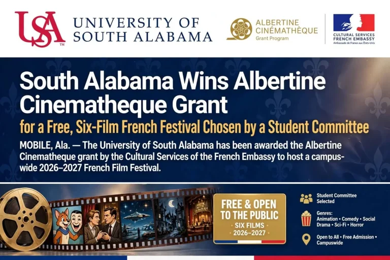 Illustration for the news story: South Alabama Wins Albertine Cinematheque Grant for a Free, Six-Film French Festival Chosen by a Student Committee
