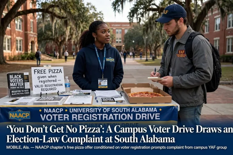 Illustration for the news story: ‘You Don’t Get No Pizza’: A Campus Voter Drive Draws an Election-Law Complaint at South Alabama