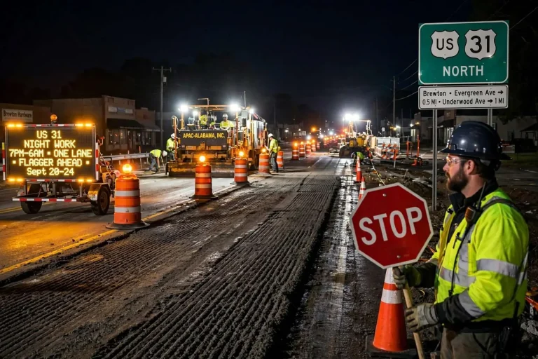 Illustration for the news story: Five Nights of Flagging: US-31 Roadwork in Brewton Runs Sept. 20-24