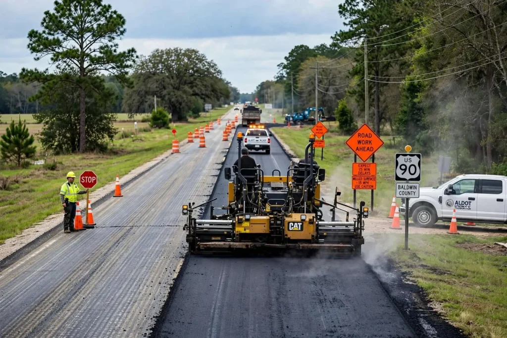 Illustration for the news story: Paving Is Underway on 5.6 Miles of US-90 in Baldwin County After Rain Pushed the Schedule
