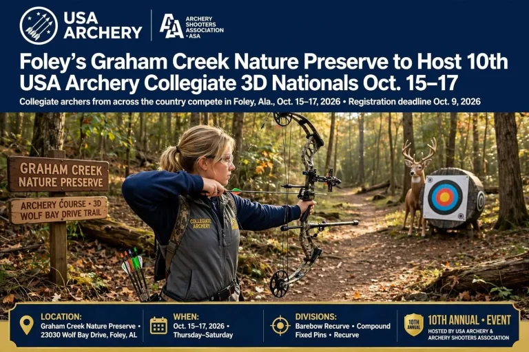 Illustration for the news story: Foley’s Graham Creek Nature Preserve to Host 10th USA Archery Collegiate 3D Nationals Oct. 15-17