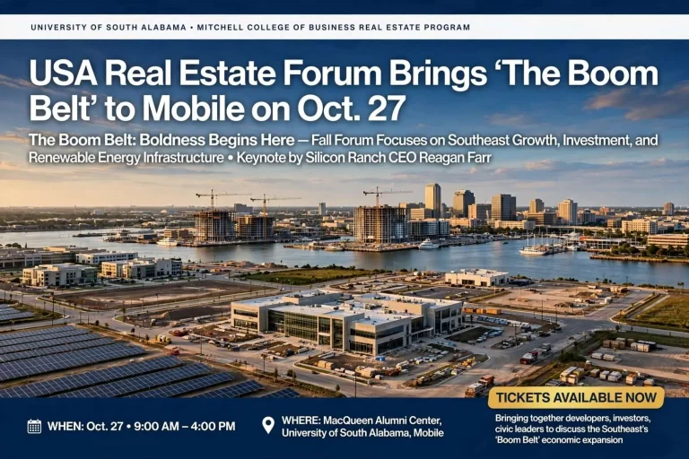 Illustration for the news story: USA Real Estate Forum Brings ‘The Boom Belt’ to Mobile on Oct. 27