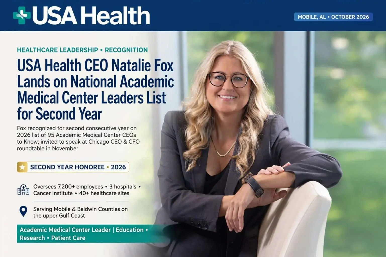 Illustration for the news story: USA Health CEO Natalie Fox Lands on National Academic Medical Center Leaders List for Second Year