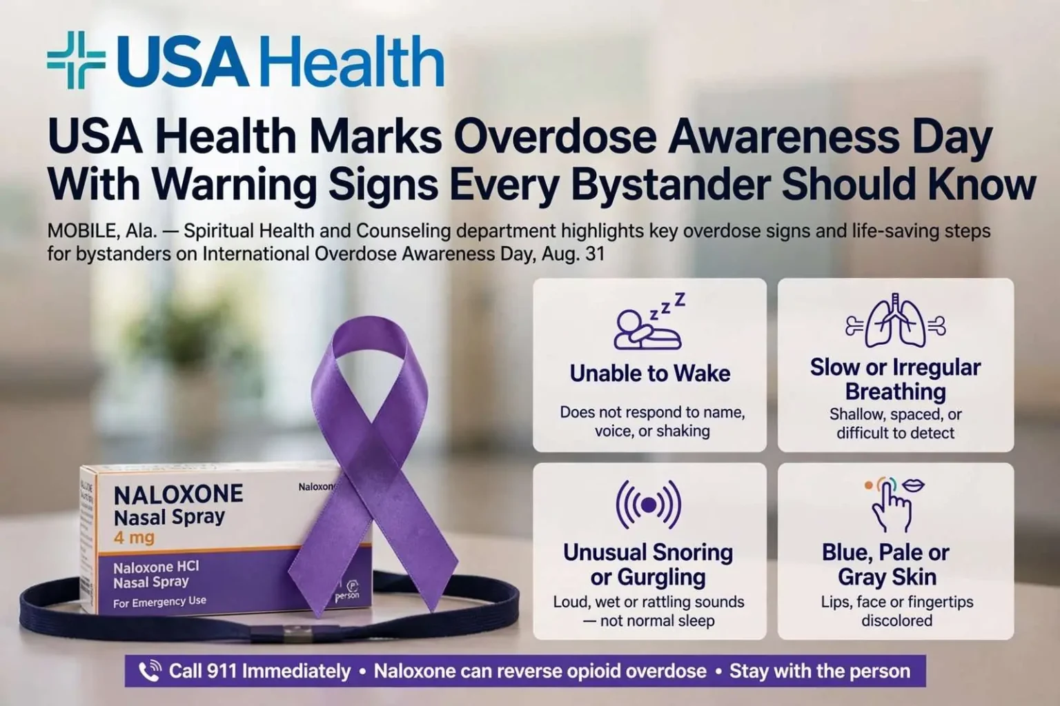 Illustration for the news story: USA Health Marks Overdose Awareness Day With Warning Signs Every Bystander Should Know