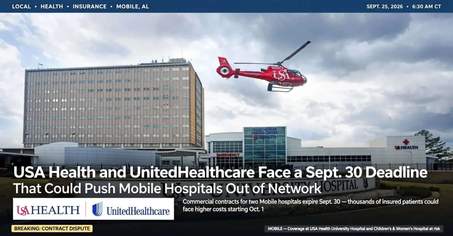 Illustration for the news story: USA Health and UnitedHealthcare Face a Sept. 30 Deadline That Could Push Mobile Hospitals Out of Network