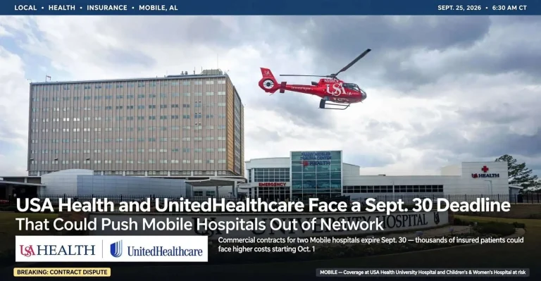 Illustration for the news story: USA Health and UnitedHealthcare Face a Sept. 30 Deadline That Could Push Mobile Hospitals Out of Network