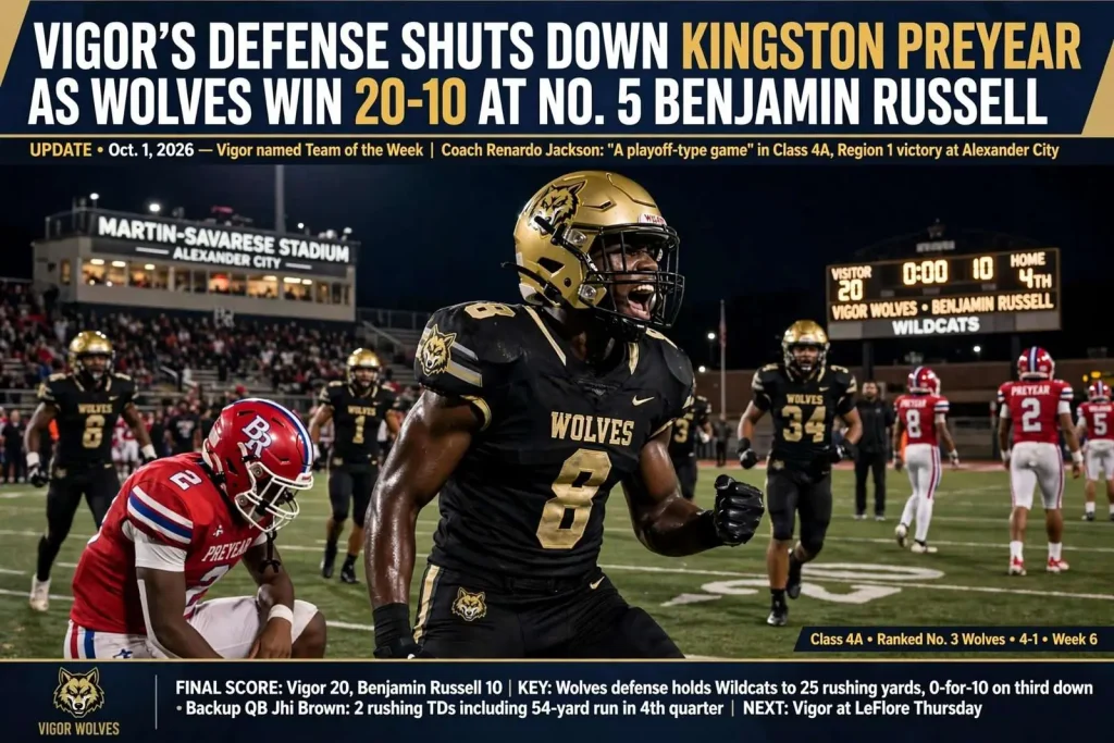 Illustration for the news story: Vigor’s Defense Shuts Down Kingston Preyear as Wolves Win 20-10 at No. 5 Benjamin Russell