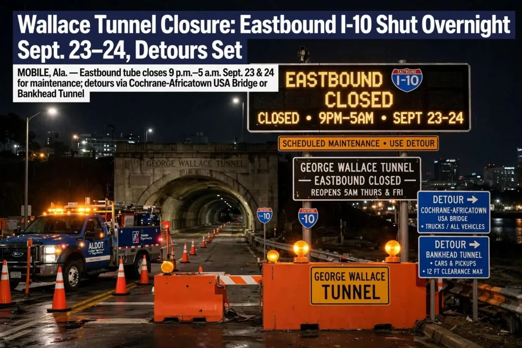 Illustration for the news story: Wallace Tunnel Closure: Eastbound I-10 Shut Overnight Sept. 23-24, Detours Set