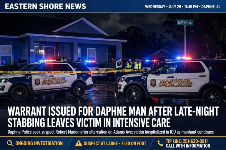 Illustration for the news story: Warrant Issued for Daphne Man After Late-Night Stabbing Leaves Victim in Intensive Care