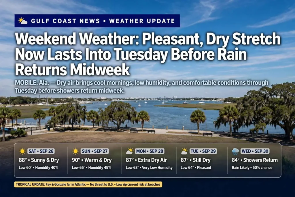 Illustration for the news story: Weekend Weather: Pleasant, Dry Stretch Now Lasts Into Tuesday Before Rain Returns Midweek