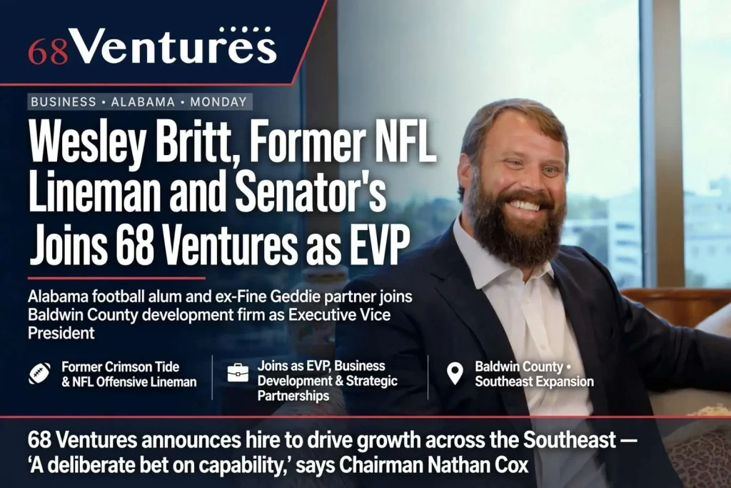 Illustration for the news story: Wesley Britt, Former NFL Lineman and Senator’s Husband, Joins 68 Ventures as EVP