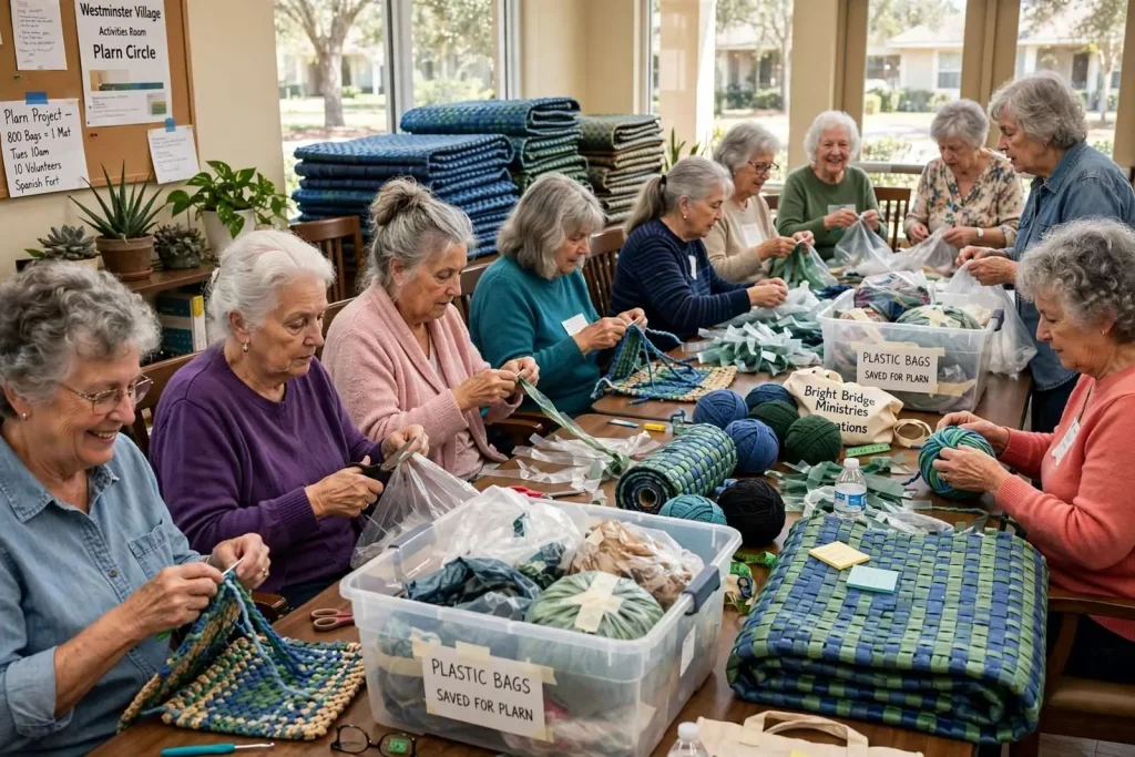 Illustration for the news story: It Takes 800 Grocery Bags to Make One Mat. Ten Women in Spanish Fort Keep Making Them.