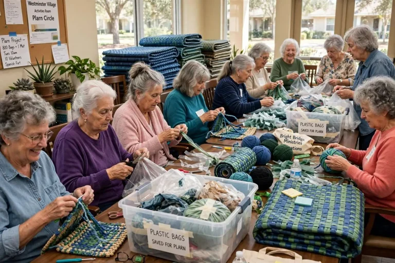 Illustration for the news story: It Takes 800 Grocery Bags to Make One Mat. Ten Women in Spanish Fort Keep Making Them.