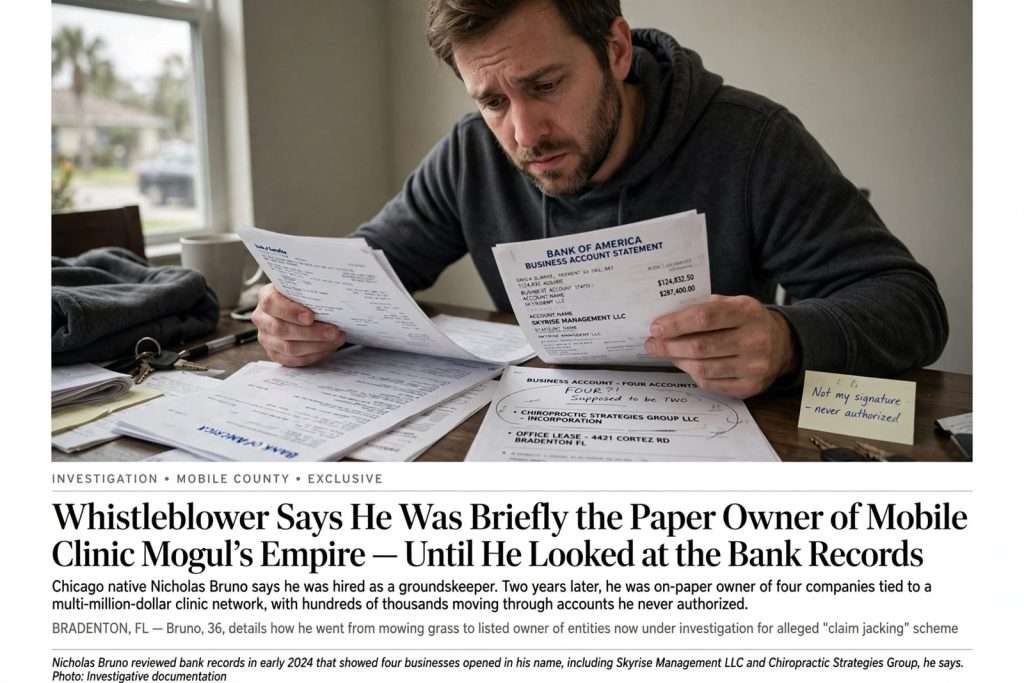 Illustration for the news story: Whistleblower Says He Was Briefly the Paper Owner of Mobile Clinic Mogul’s Empire — Until He Looked at the Bank Records