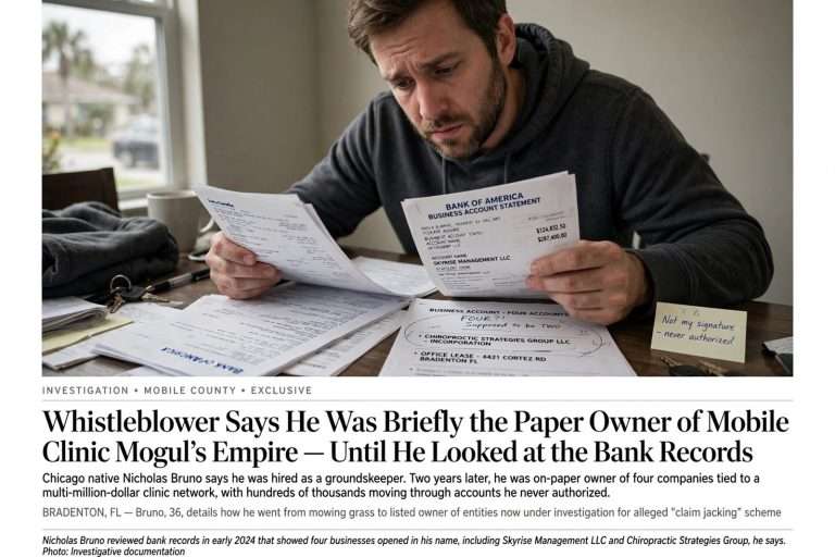 Illustration for the news story: Whistleblower Says He Was Briefly the Paper Owner of Mobile Clinic Mogul’s Empire — Until He Looked at the Bank Records