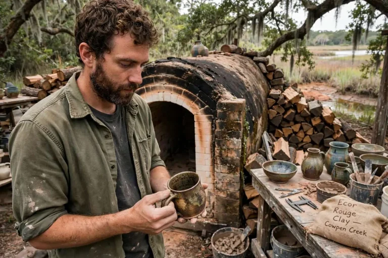 Illustration for the news story: Wild Clay and Wood Fire: Fairhope Potter Zach Sierke Revives Eastern Shore Tradition