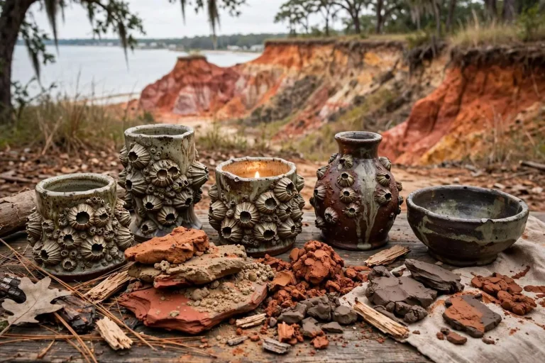 Illustration for the news story: Wild Clay and Wood Fire: Montrose Potter Shelley Leigh Shapes the Bluffs of Ecor Rouge