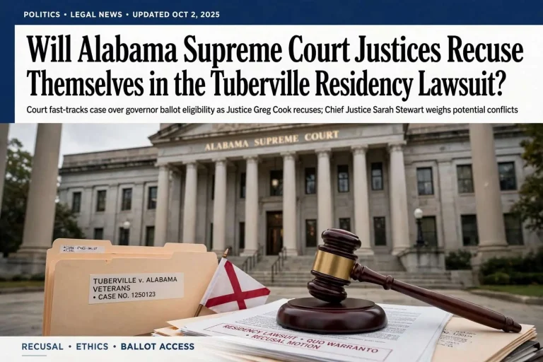 Illustration for the news story: Will Alabama Supreme Court Justices Recuse Themselves in the Tuberville Residency Lawsuit?