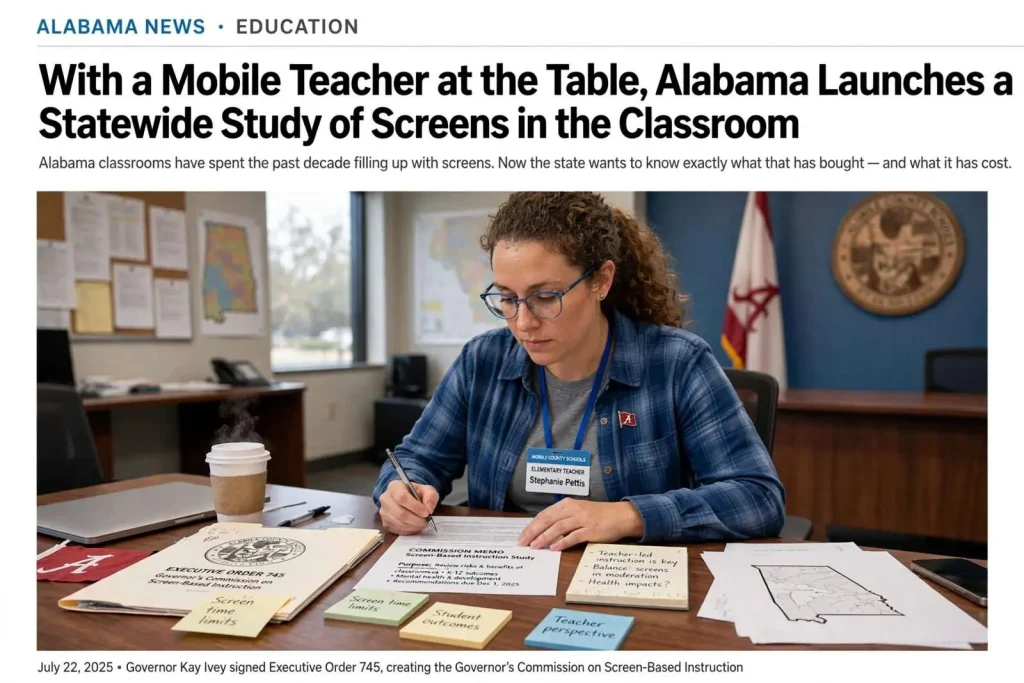 Illustration for the news story: With a Mobile Teacher at the Table, Alabama Launches a Statewide Study of Screens in the Classroom