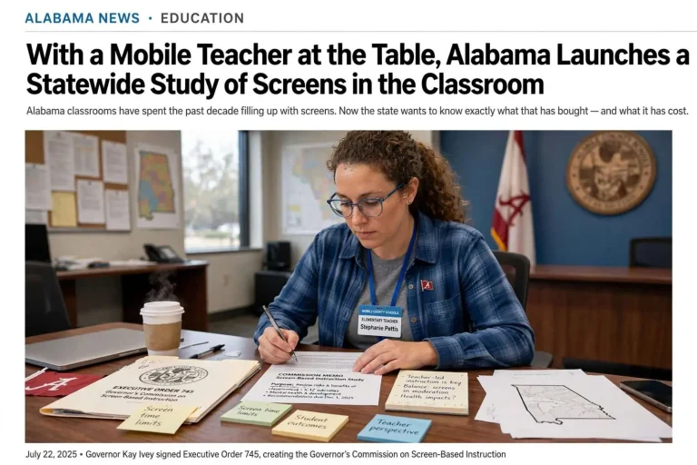 Illustration for the news story: With a Mobile Teacher at the Table, Alabama Launches a Statewide Study of Screens in the Classroom