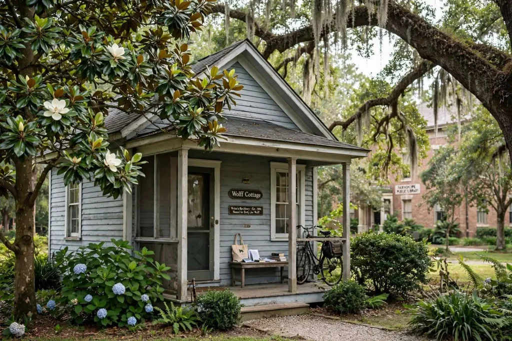 Illustration for the news story: Wolff Cottage: Fairhope’s $1-a-Year Writers Residency Behind the Library