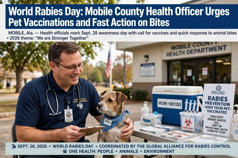 Illustration for the news story: World Rabies Day: Mobile County Health Officer Urges Pet Vaccinations and Fast Action on Bites
