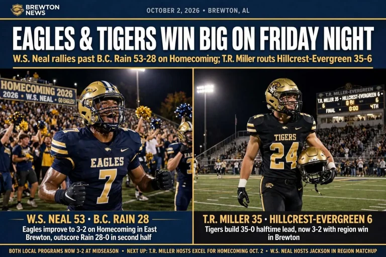 Illustration for the news story: W.S. Neal Rallies Past B.C. Rain 53-28 on Homecoming; T.R. Miller Routs Hillcrest-Evergreen 35-6