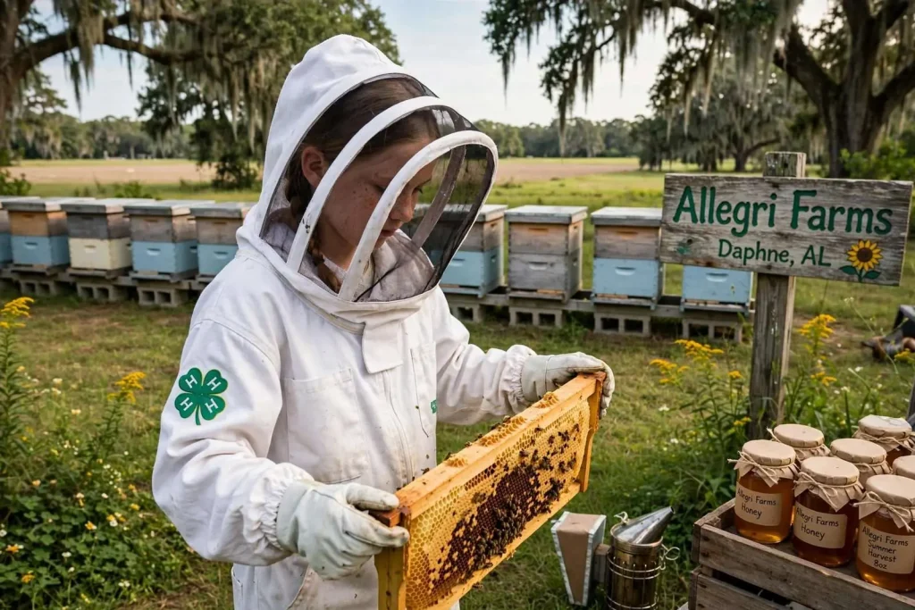 Illustration for the news story: Young Beekeeper Tends Eight Hives and Harvests Local Honey at Daphne’s Allegri Farms