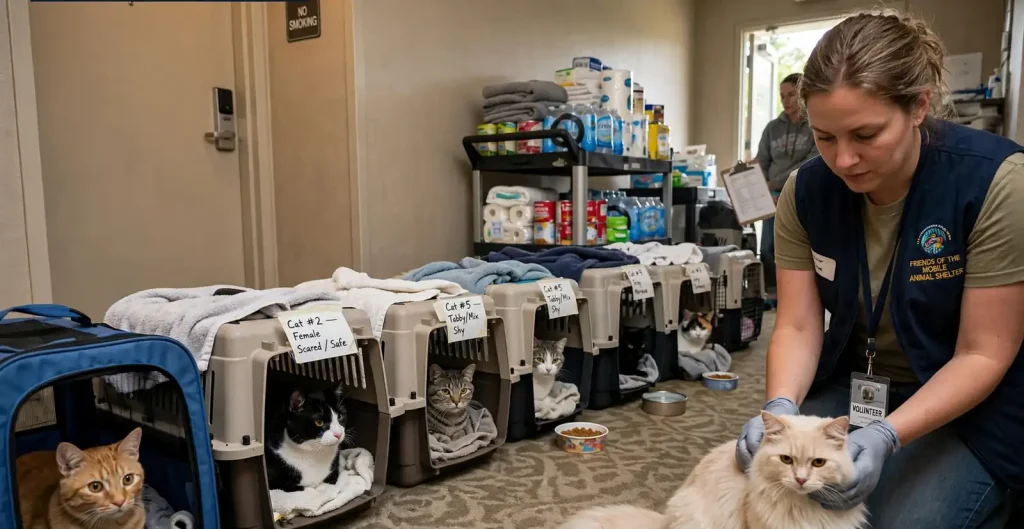 Several frightened cats huddled together in a carrier and blanket as a rescuer gently reaches toward them