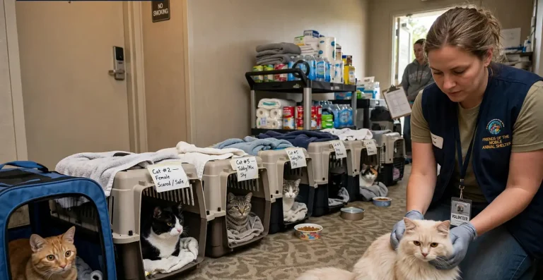 Several frightened cats huddled together in a carrier and blanket as a rescuer gently reaches toward them
