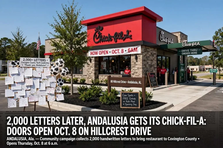 Illustration for the news story: 2,000 Letters Later, Andalusia Gets Its Chick-fil-A: Doors Open Oct. 8 on Hillcrest Drive