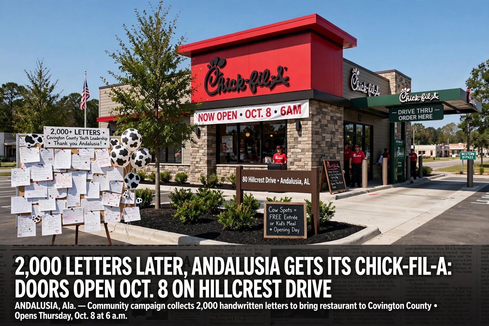 Illustration for the news story: 2,000 Letters Later, Andalusia Gets Its Chick-fil-A: Doors Open Oct. 8 on Hillcrest Drive