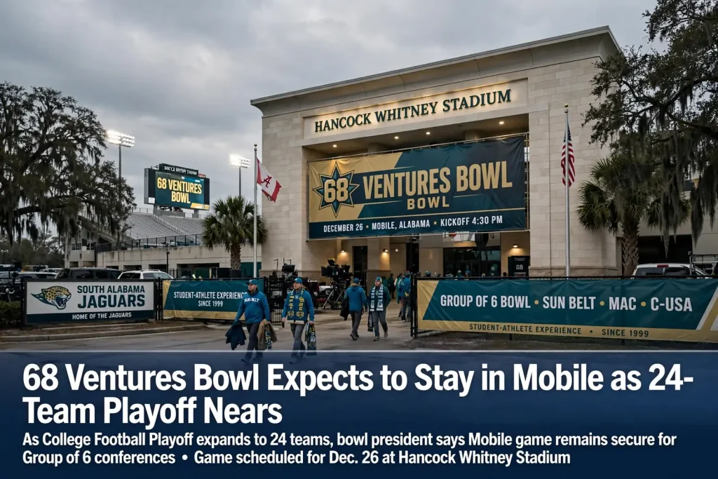 Hancock Whitney Stadium exterior with 68 Ventures Bowl banners and South Alabama Jaguars signage